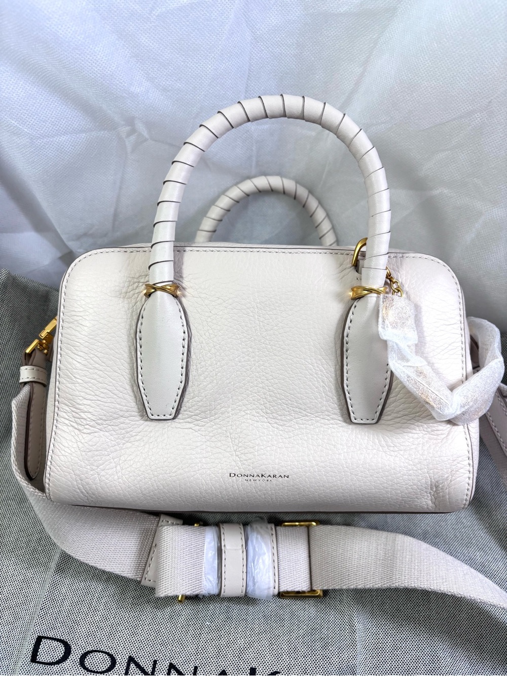 Donna Karan Chantilly Leather Mini Satchel Bag. Sand/Gold.